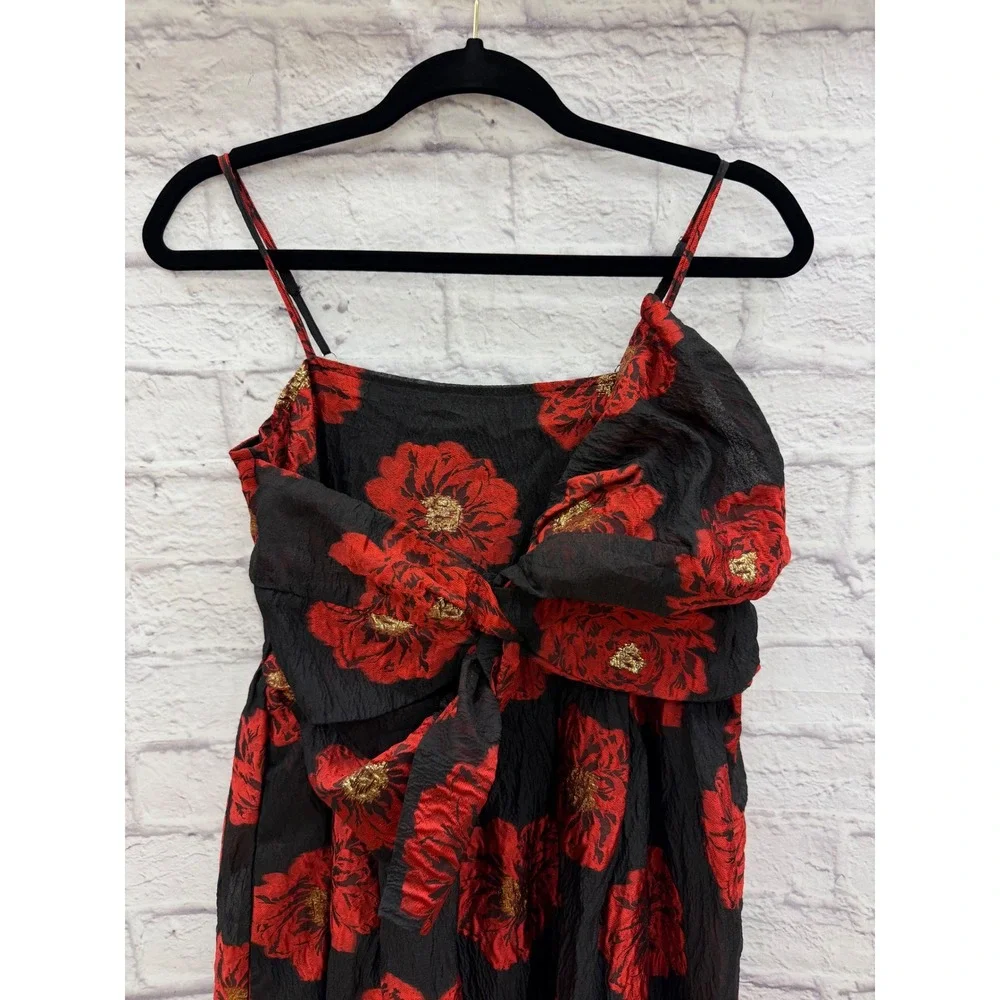 Sister Jane‎ Dream Bardot Dress Red Floral Jacquard Bow Midi XS Sleeveless Black